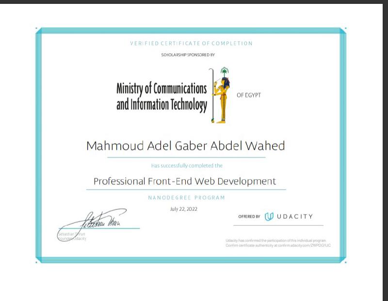 &ldquo;شهادتي من Udacity المقدمة من egfwd الخاص بكورس الفرونت إند&rdquo;