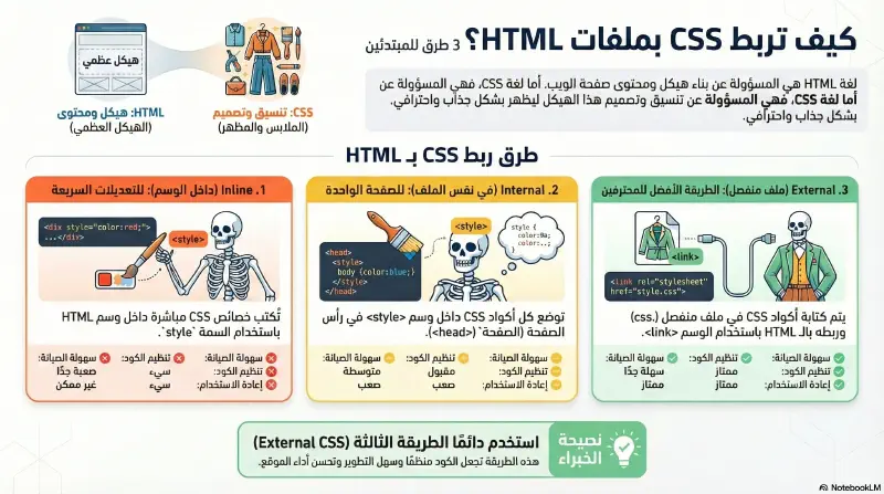 طرق استخدام وربط CSS بصفحة HTML
